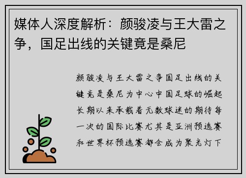 媒体人深度解析：颜骏凌与王大雷之争，国足出线的关键竟是桑尼