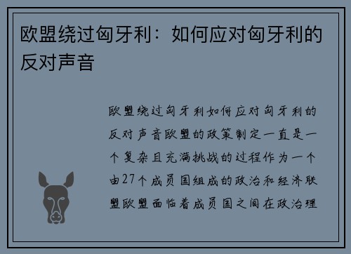 欧盟绕过匈牙利：如何应对匈牙利的反对声音