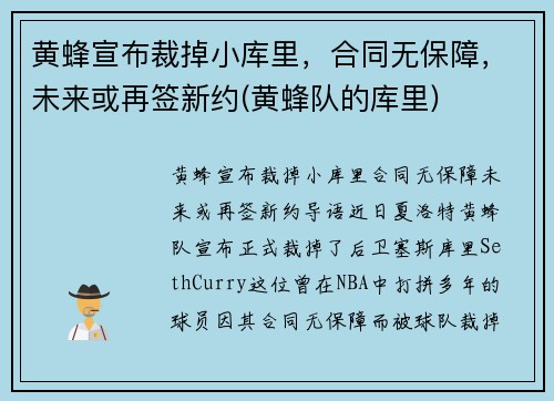 黄蜂宣布裁掉小库里，合同无保障，未来或再签新约(黄蜂队的库里)