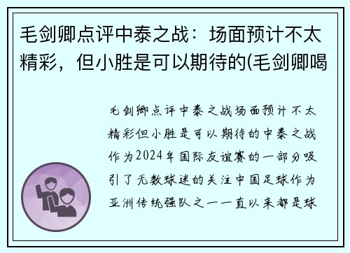 毛剑卿点评中泰之战：场面预计不太精彩，但小胜是可以期待的(毛剑卿喝酒)