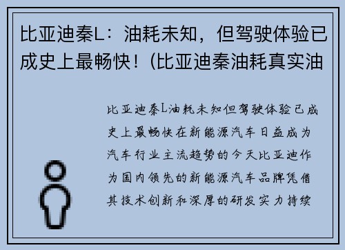 比亚迪秦L：油耗未知，但驾驶体验已成史上最畅快！(比亚迪秦油耗真实油耗报告)